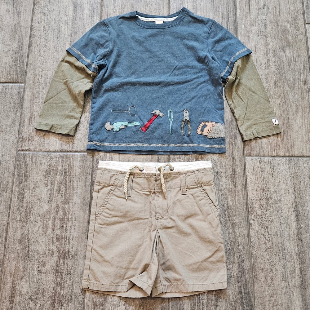 Janie and Jack Shirt and‎ Shorts Set Kids 4 Blue Khaki Tool Applique NEW Builder